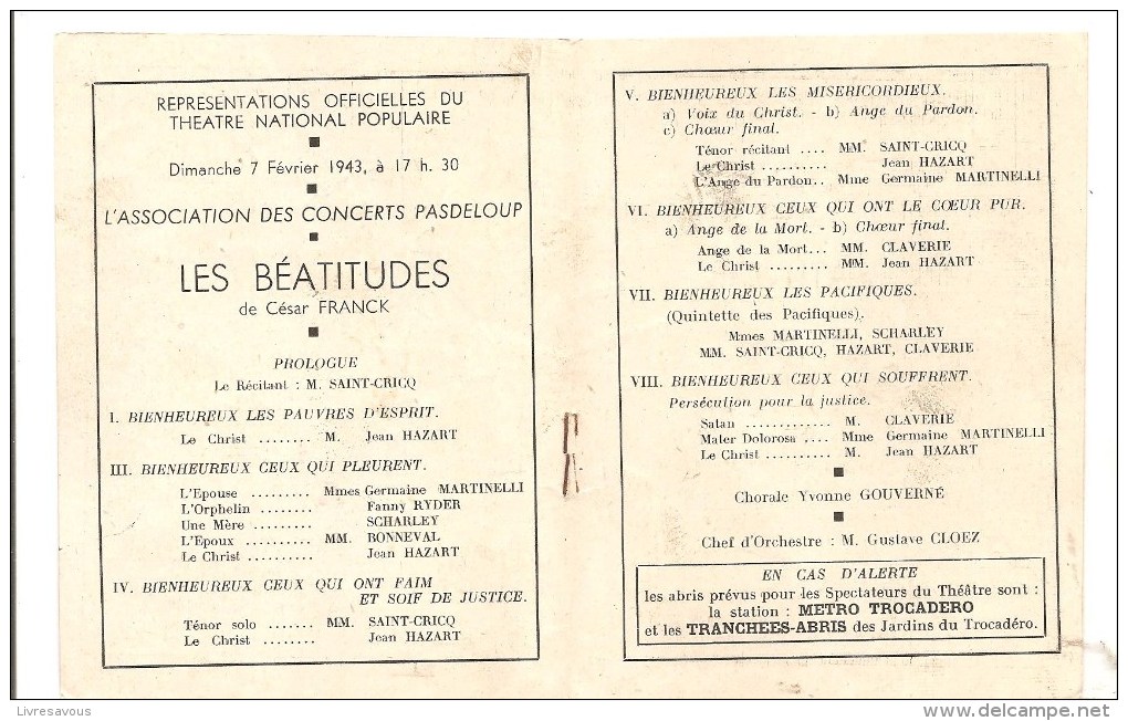 Programme Théatre National Du Palais Chaillot Présente Les Béatitudes De César Franck Le 7 Février 1943 - Programmes