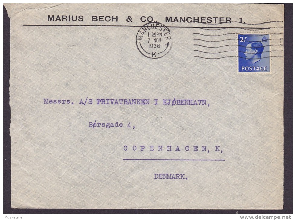 Great Britain MARIUS BECH & Co., MANCHESTER 1936 Cover Brief Denmark EDVIII. Stamp - Briefe U. Dokumente