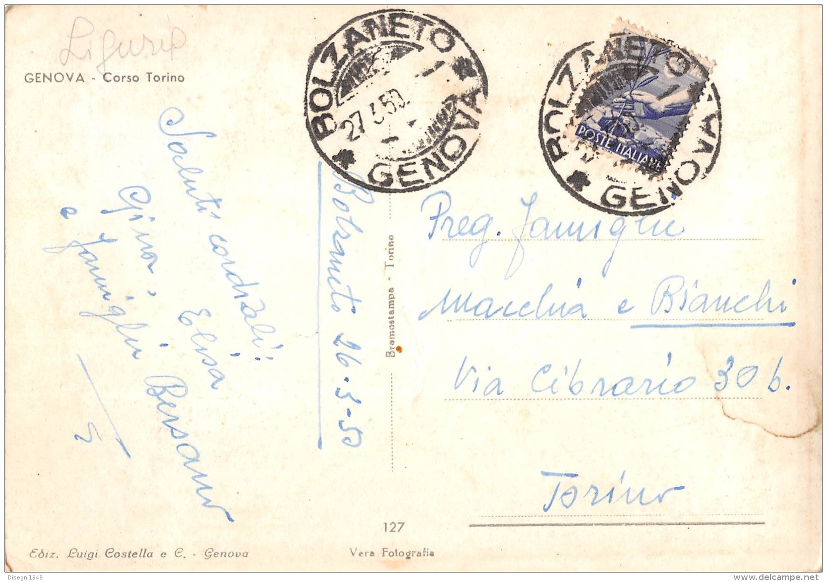 06377 "GENOVA - CORSO TORINO" ANIMATA, TRAMWAY.  CART. ILL. ORIG. SPEDITA 1950 - Genova