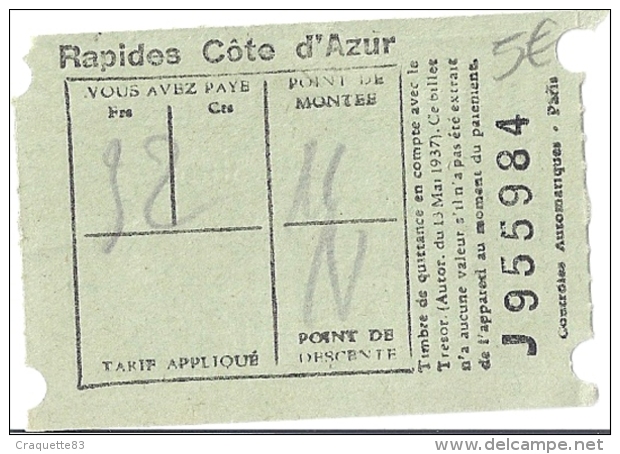 "RAPIDES COTE D'AZUR"  J955984  .1937 - Europa