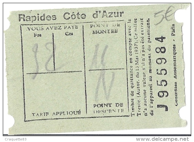 "RAPIDES COTE D'AZUR"  J955984  .1937 - Europe