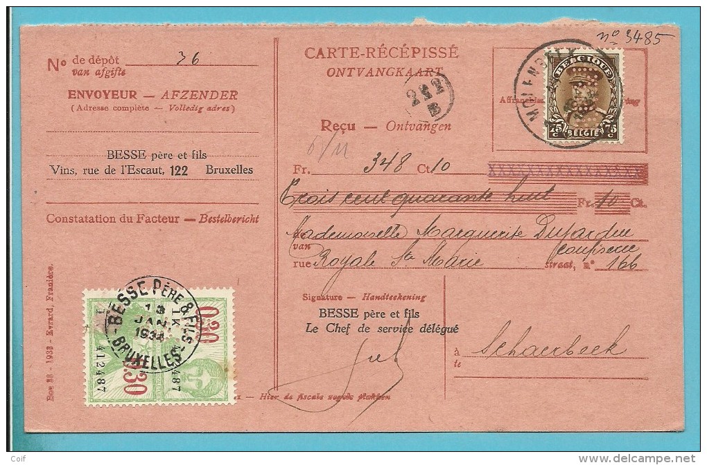 341 Op Ontvangkaart (Carte-recepisse) Stempel MOLENBEEK, Met Firmaperforatie (perfin) " B.P.& F. " (ook In Fiscale )! - 1931-1934 Kepi