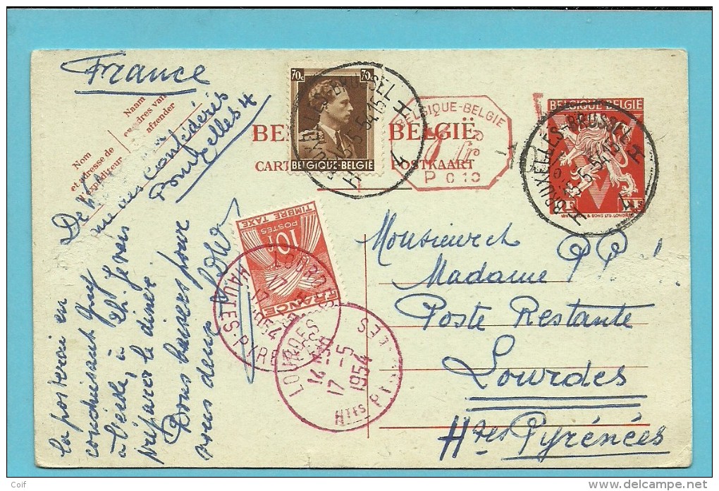 427 Op Entier Stempel BRUSSEL Op 15/5/54 Naar "Poste Restante" LOURDES (France),  Strafportzegels 10F (taxe) - 1936-1957 Col Ouvert