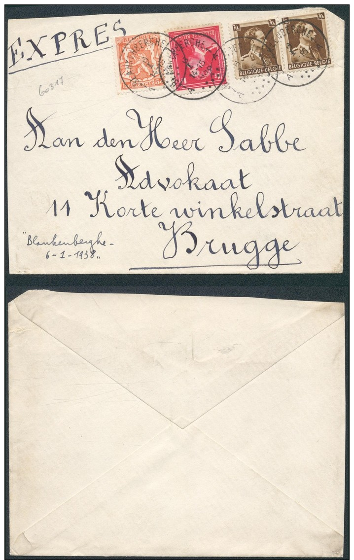 AH134 Lettre De Blankenberghe à Bruges 1938 - Lettres & Documents