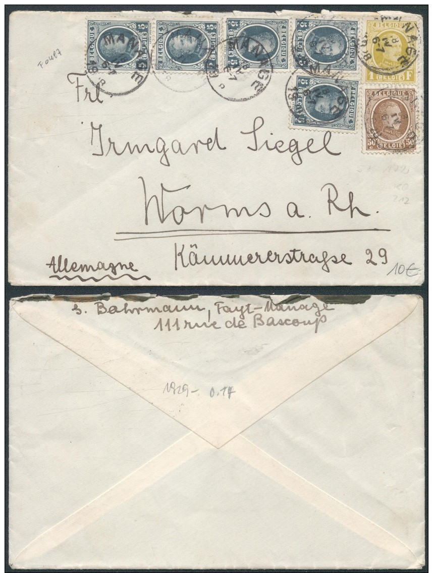 AH185 Lettre De Manage à Worms Germany 1928 - Briefe U. Dokumente