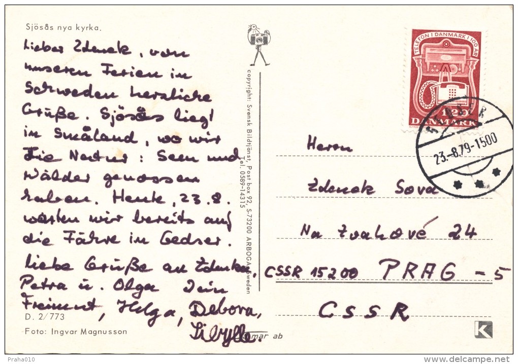 K9559 - Denmark (1979) Steosek (postcard: Sjösas); Postcard To Czechoslovakia; Stamp: 100 Years Phone In Denmark - Telekom