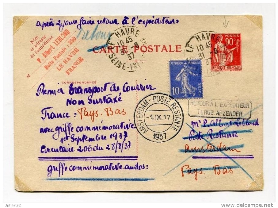 !!! ENTIER POSTAL TYPE PAIX 1ER TRANSPORT AERIEN SANS SURTAXE FRANCE PAYS BAS 1/9/1937 - 1960-.... Covers & Documents