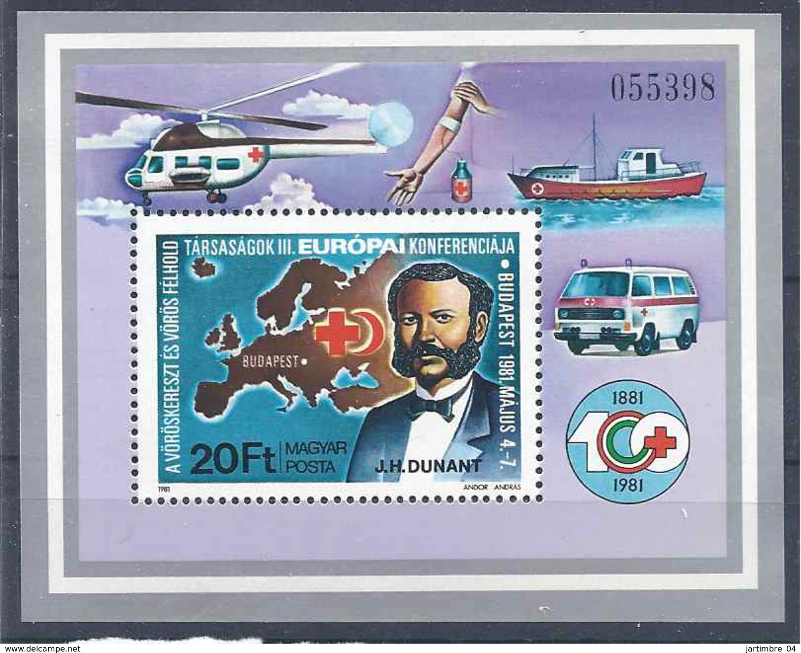 1981 HONGRIE BF 153** Croix-rouge, Henri Dunant, Hélicoptère, Carte - Blocks & Sheetlets