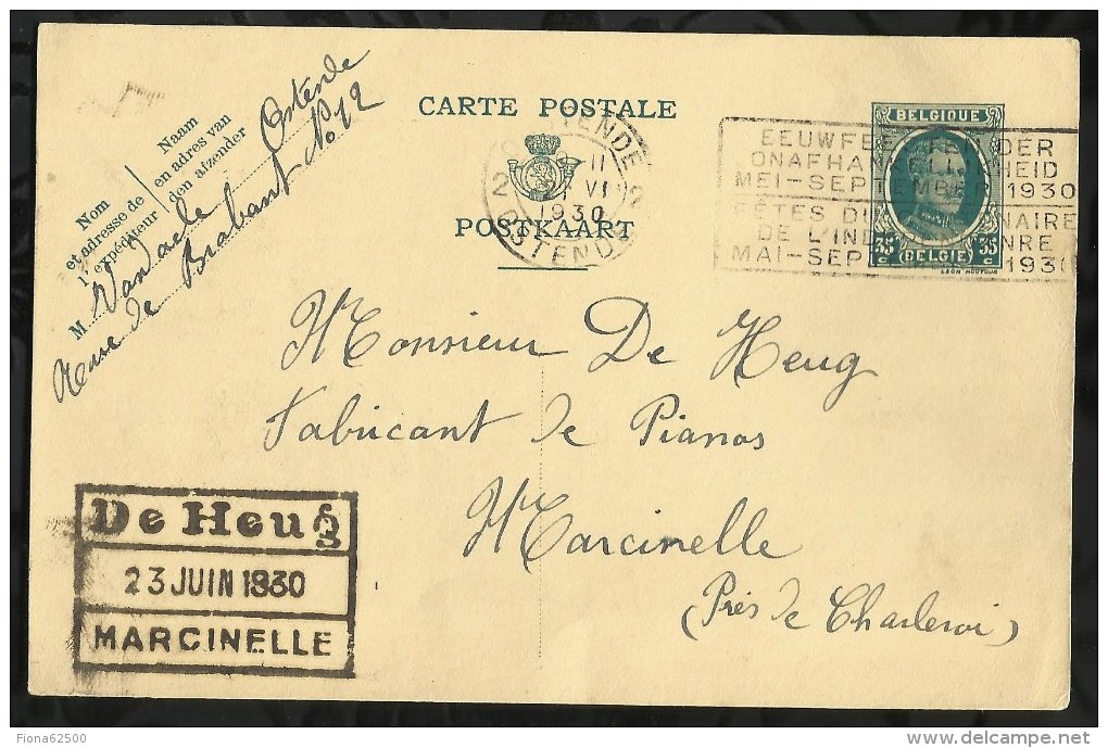 ENTIER POSTAL . CARTE POSTALE DATEE DU  :   21  JUIN  1930   . - Cartes Postales 1909-1934