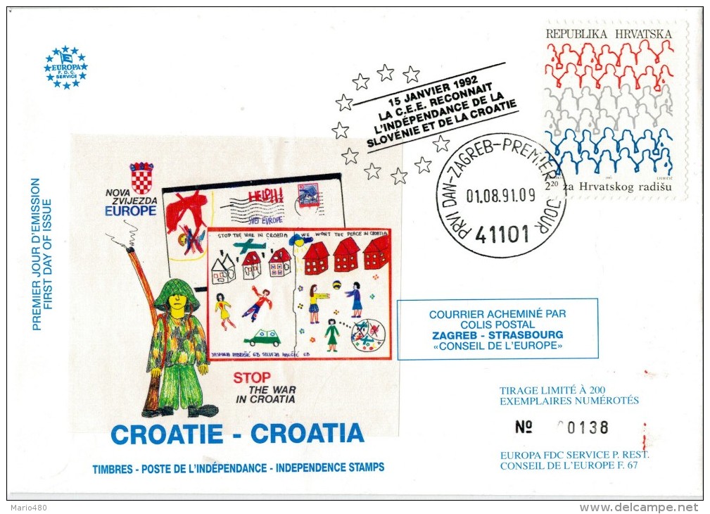 F.D.C.CROATIE-CROATIA  TIMBRES POSTE DE L'INDIPENDENCE-INDIPENDENCE STAMPS     2 SCAN  (VIAGGIATA) - Croazia