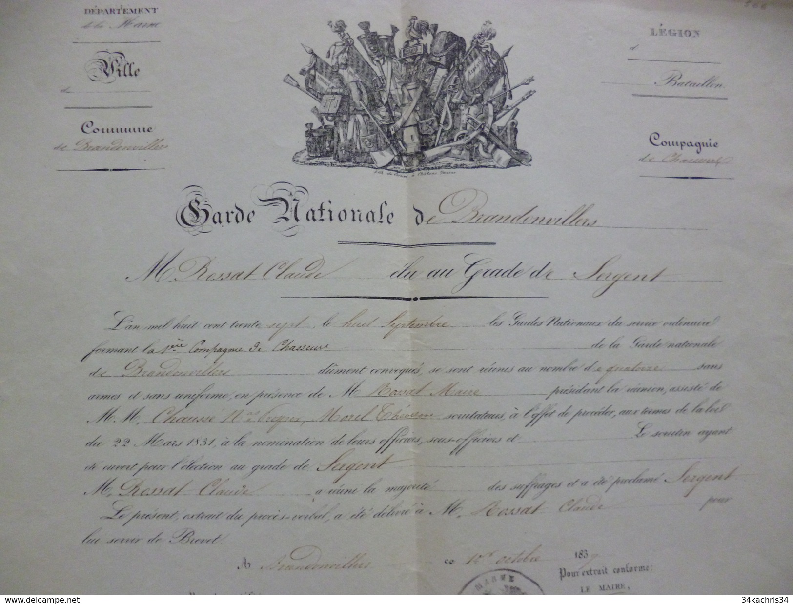 Militaria Militaire Diplôme De Grade De Sergent Compagnie De Chasseurs De Brandonvillers 1837 - Documents