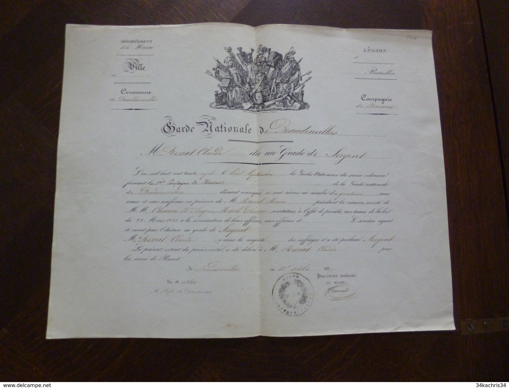 Militaria Militaire Diplôme De Grade De Sergent Compagnie De Chasseurs De Brandonvillers 1837 - Documenten