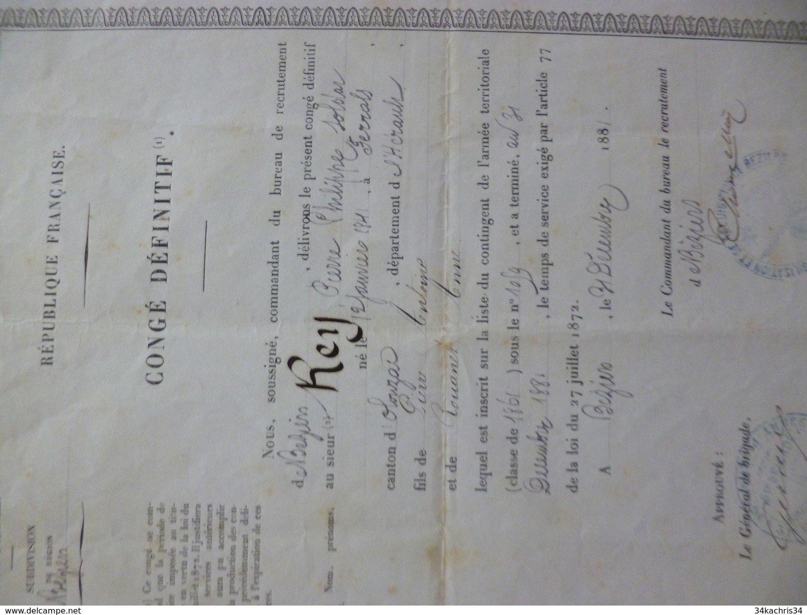 Congé Définitif 31/12/1881 16ème Corps D'Armé Béziers Rey Olonzac Classe 1861 - Documents