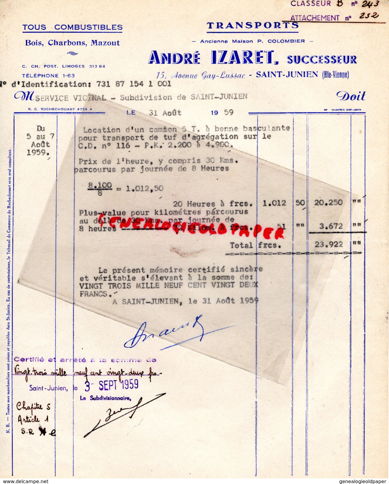 87 -ST  SAINT JUNIEN - FACTURE ANDRE IZARET - TRANSPORTS MAISON P. COLOMBIER- 15 AV. GAY LUSSAC-1959 - Verkehr & Transport