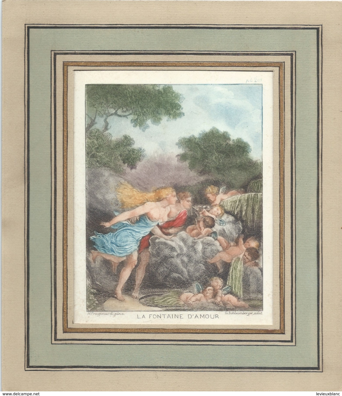 Gravure Colorisée/passe-partout/"La Fontaine D'Amour"/H Fragonard Pinx/G Schlumberger Edit/ XIXéme Siécle  GRAV184 - Stiche & Gravuren