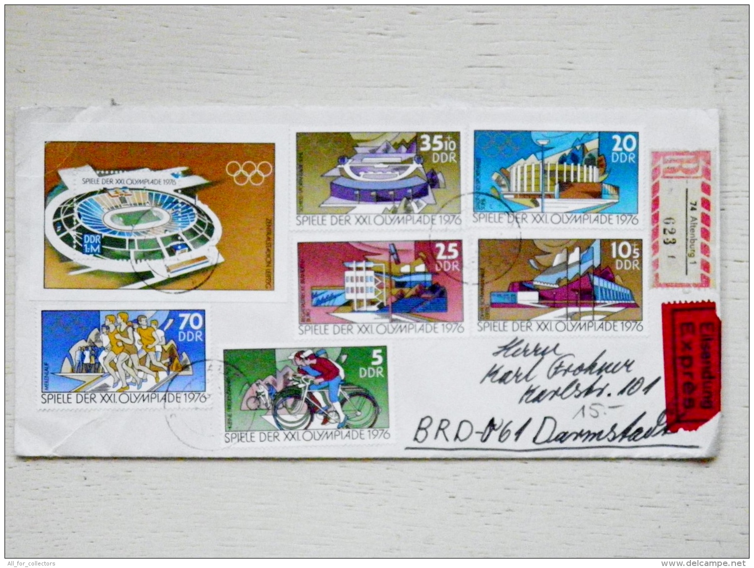 Cover Sent From Germany DDR Registered Expres Altenburg Olympic Games Montreal 1976 M/s Stadium Bicycle Cycling - Briefe U. Dokumente