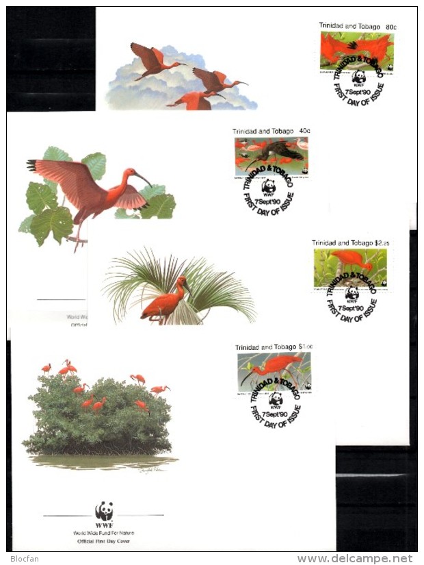 WWF-Set 101 Rotsichler TRINIDAD 596/9 **/FDC/MC 77€ Naturschutz Dokumentation 1990 Wildlife Birds Stamps Fauna Of TOBAGO - Flamants