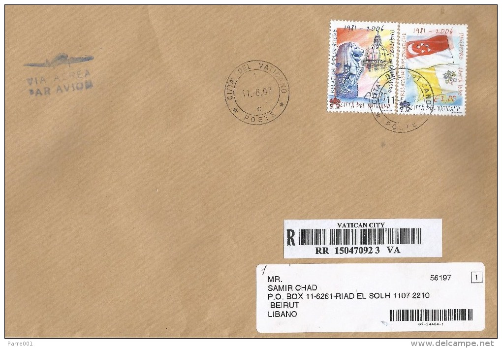 Vatican 2007 Diplomatic Relations Singapore Barcoded Registered Cover - Covers & Documents