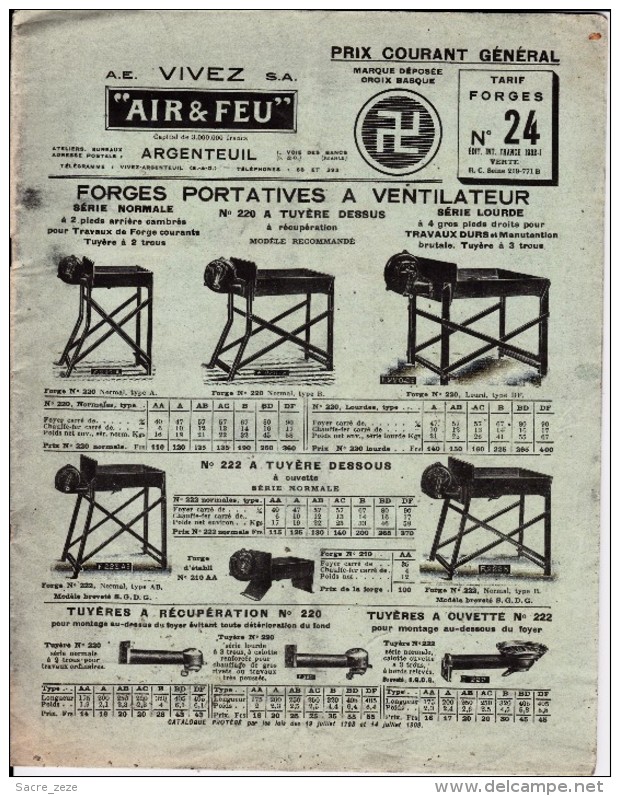 CATALOGUE "AIR ET FEU"marque Déposée"CROIX BASQUE"-1932-tarifs N°24-envoi Gratuit - Matériel Et Accessoires