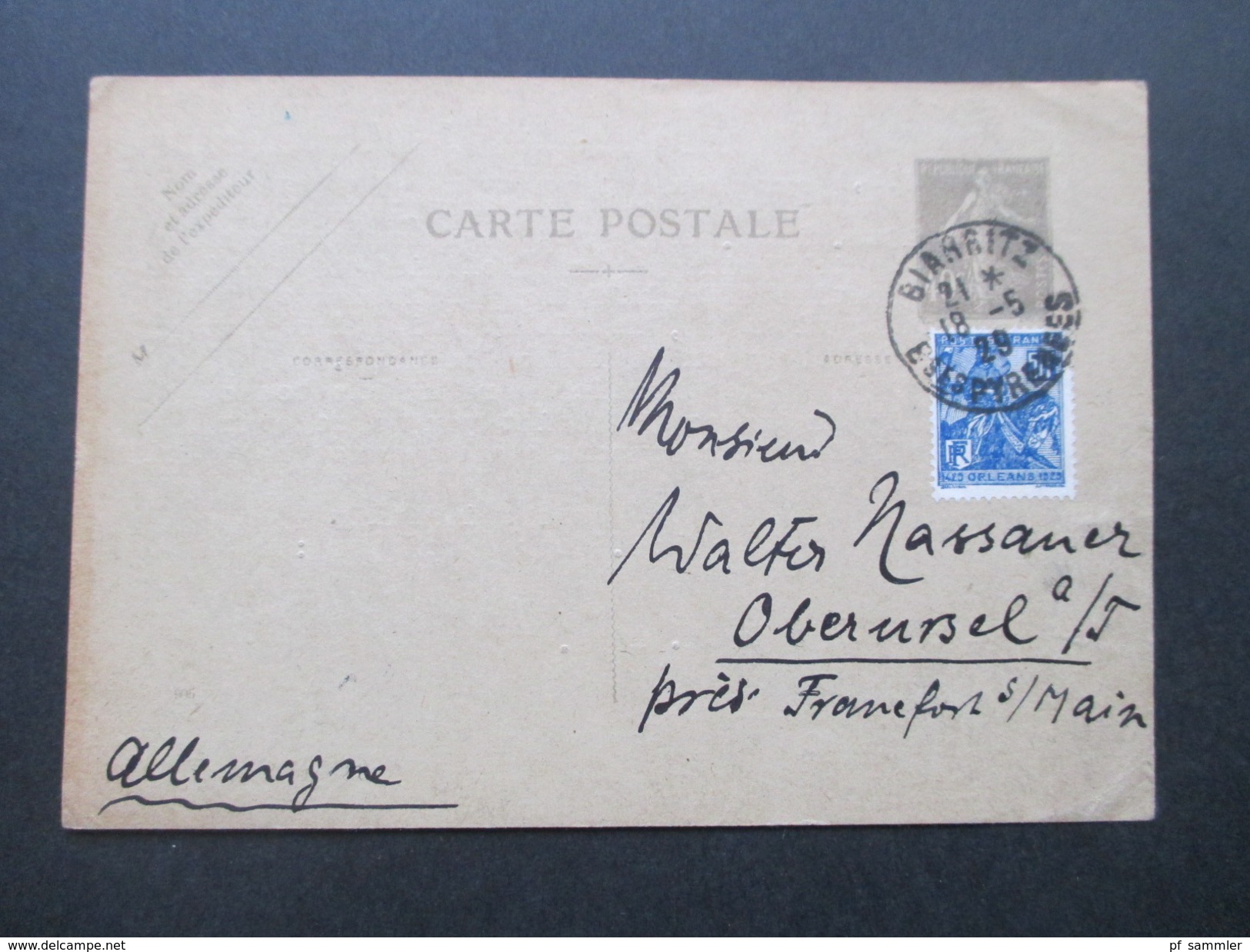 Frankreich 1929 Ganzsache Mit Zusatzfrankatur Thos. Cook & Son Biarritz Nach Oberursel - Briefe U. Dokumente