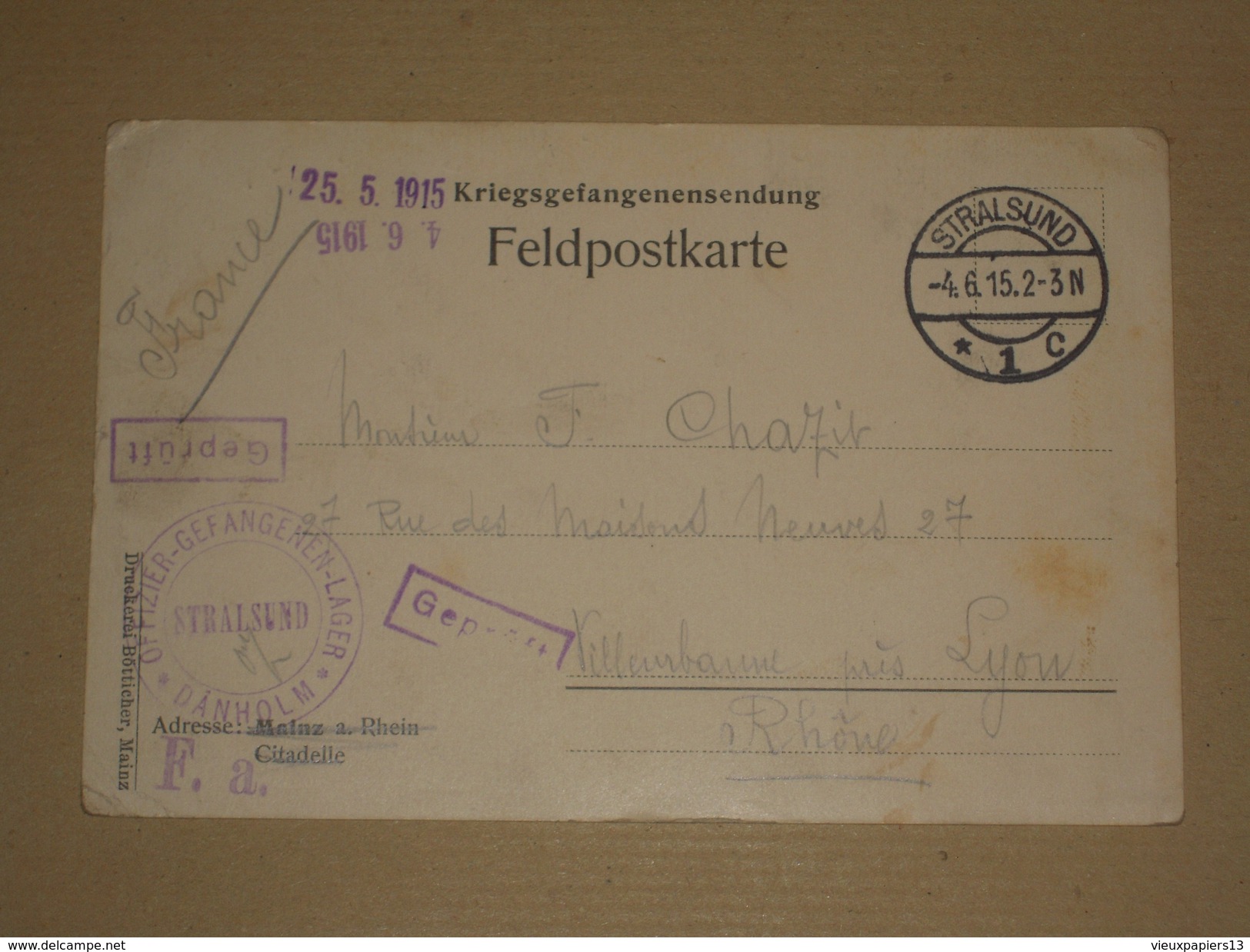 POW WW1 1915 Allemagne - Carte D'un Lieutenant Prisonnier De Guerre Camp De Stralsund Sur Carte Imprimé De Mainz - 1. Weltkrieg 1914-1918