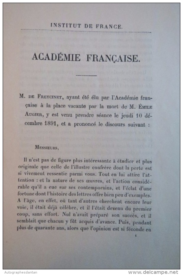1891 Charles DE FREYCINET Discours De Réception > Académie Française - Firmin Didot - Foix - Académicien - Documents Historiques