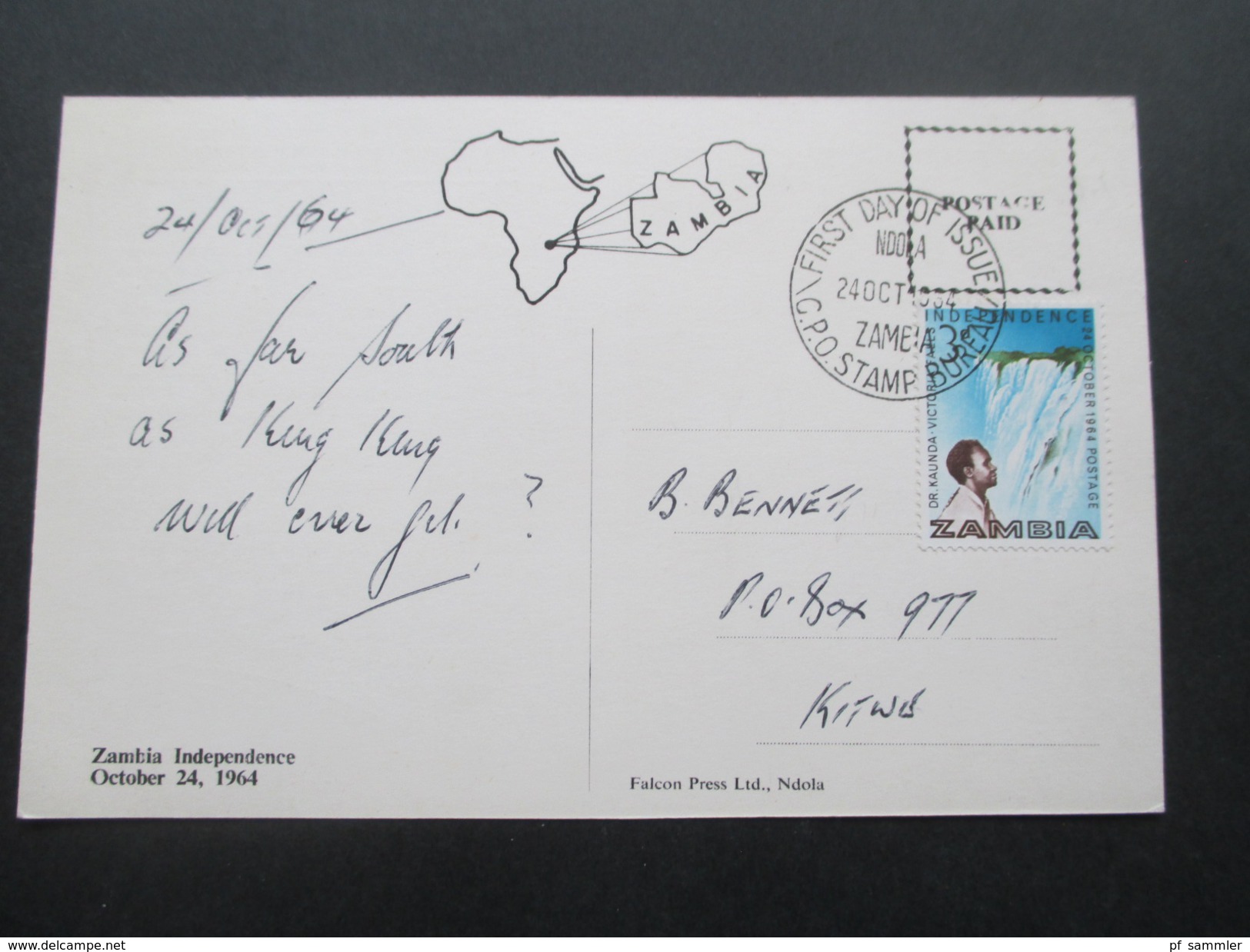 Postkarte 1964 Zambia Independence FDC 24.10.194. CPO Stamp Bureau. President Kenneth Kaunda - Zambia (1965-...)