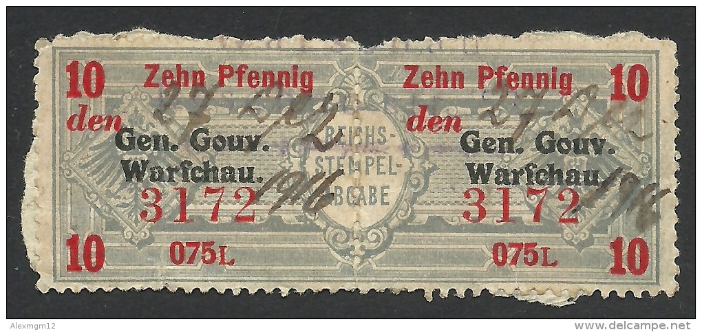 Poland, German Occupation, Revenue 10 Pf. 1916, Used - Occupation 1914-18