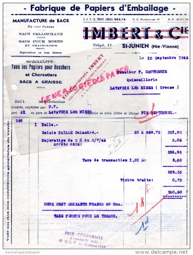 87 - ST -SAINT JUNIEN- FACTURE IMBERT & CIE-FABRIQUE PAPIERS SACS EMBALLAGE-PAPETERIE- IMPRIMERIE-1943 - Drukkerij & Papieren