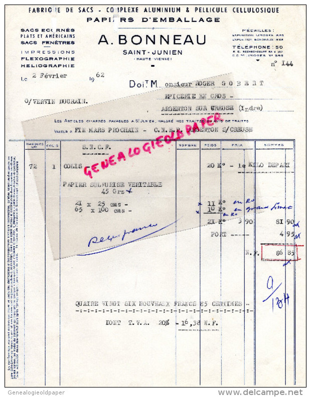 87 - ST -SAINT JUNIEN- FACTURE A. BONNEAU - FABRIQUE PAPIERS SACS - PAPETERIE -1962 - Drukkerij & Papieren