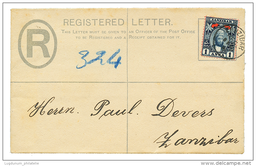 ZANZIBAR : 1a Canc. ZANZIBAR On REGISTERED LETTER(2a) To ZANZIBAR. Rare Commercial Local Mail (P. DEVERS Correspondance) - Zanzibar (...-1963)