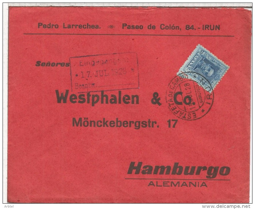 IRUN GUIPUZCOA CC ALEMANIA 1928 MAT ESTAFETA DE CAMBIO SELLOS ALFONSO XIII VAQUER - Lettres & Documents