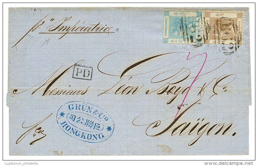 HONG-KONG To INDOCHINA : 1868 2c + 12c Canc. B62 + "7" Tax Marking On Cover "Pr. Steamer IMPERATRICE" To SAIGON. RARE. S - Otros & Sin Clasificación