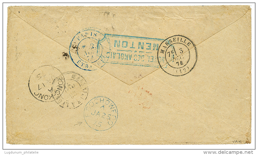 "destination FOOCHOW" : 1874 FRANCE 30c+ 25c(x4) Canc. TPO ML1 + MENTON On Envelope To FOOCHOW. Verso, HONG-KONG + Blue - Autres & Non Classés