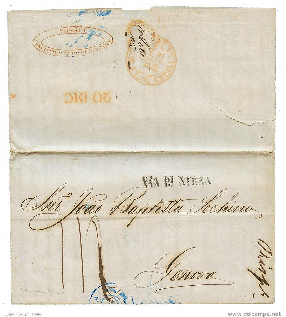 BRAZIL Via PORTUGAL To ITALY : 1852 "117" Tax Marking + VIA DI NIZZA On Entire Letter From PERNAMBUCO To ITALY. Verso, F - Otros & Sin Clasificación