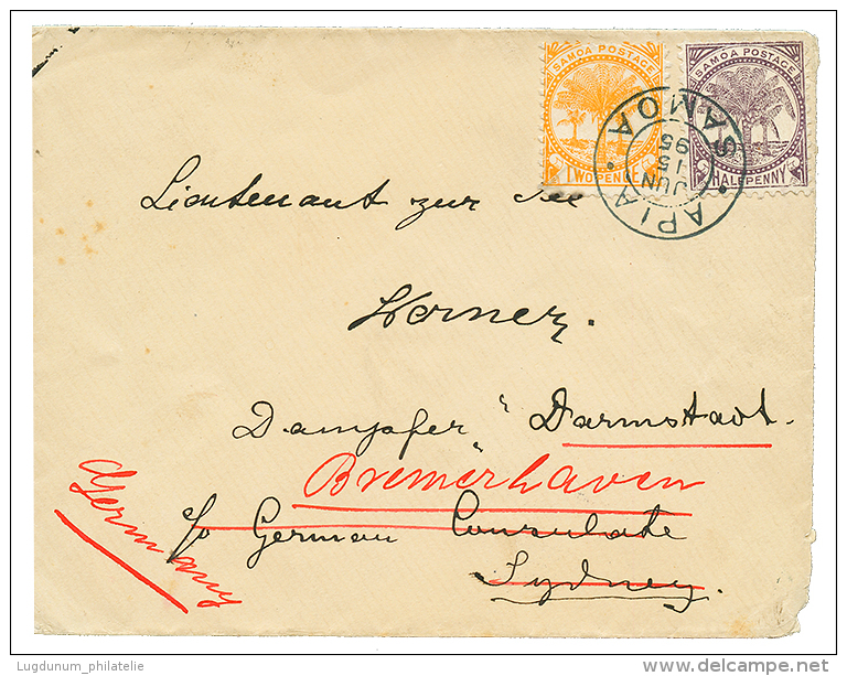 SAMOA - DAVIS POST : 1895 1/2p + 2d Canc. APIA SAMOA On Envelope To "DAMPFER DARMSTADT" C/o German CONSULATE SYDNEY(AUST - Samoa