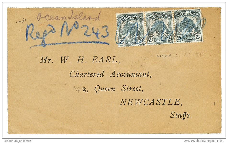 GILBERT &amp; ELLICE : 1911 2d(x3) Canc. LONDON (scarce) On REGISTERED Envelope From OCEAN ISLAND To NEWCASTLE(ENGLAND). - Otros & Sin Clasificación