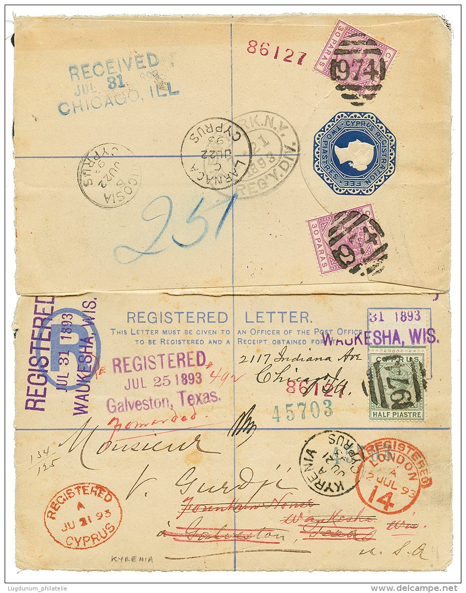 CYPRUS : 1893 1/2p + 30p(x2) Canc. 974 On REGISTERED LETTER(2P) To USA. Superb. - Other & Unclassified