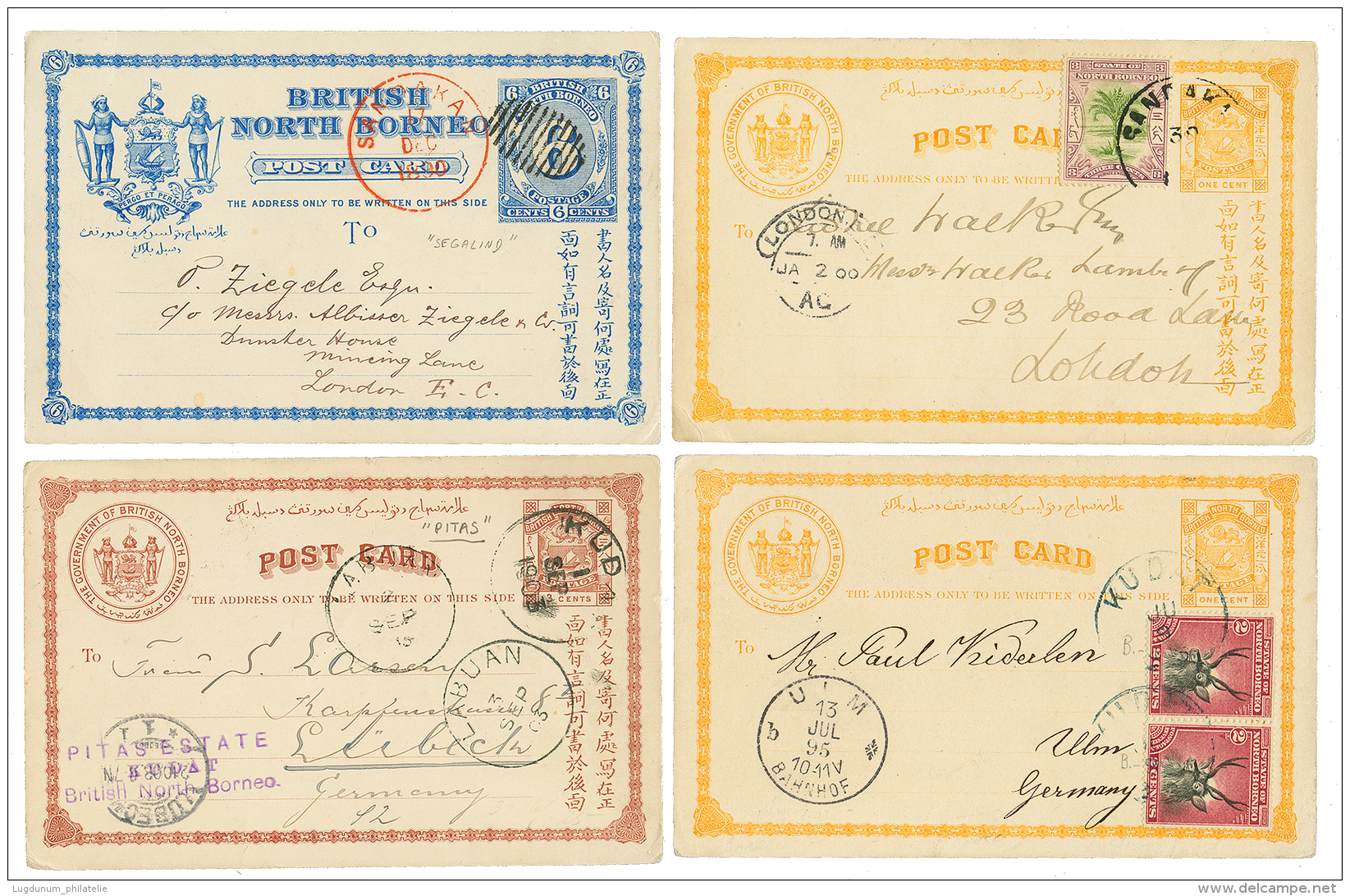 NORTH BORNEO : 1890/1903 Superb Lot Of 4 Postal Stationery To ENGLAND Or GERMANY. Rare Origin 'PITAS, SEGALIND ...). Vvf - Autres & Non Classés