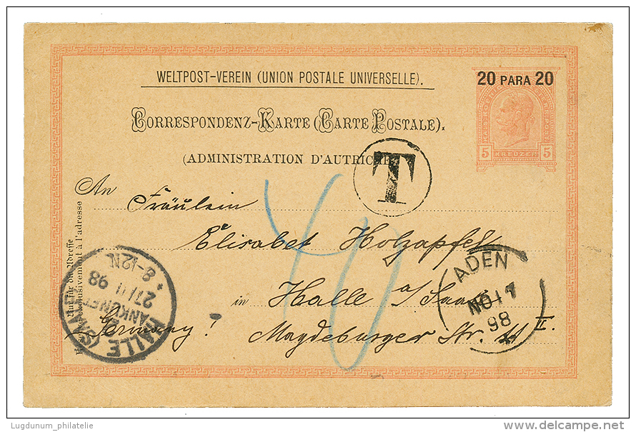 ADEN : 1898 AUSTRIAN LEVANT P./Stat 20p Datelined "ADEN" + Tax Marking To GERMANY. Scarce. Superb. - Autres & Non Classés