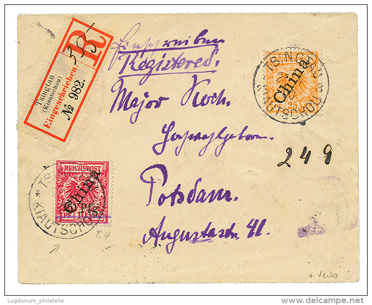 1900 Mixt KIAUTSCHOU 5pf On 10pf(n°1Ib) + 25pf(V5II) Canc. TSINGTAU + Verso CHINA 1/2c To 20c On REGISTERED Envelope - Otros & Sin Clasificación