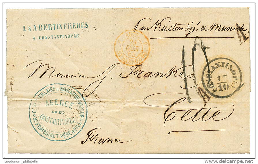 1864 Cie De NAVIGATION A VAPEUR / FRAISSINET / AGENCE DE CONSTANTINOPLE + CONSTANTINOPEL + "10" Tax Marking On Entire Le - Otros & Sin Clasificación