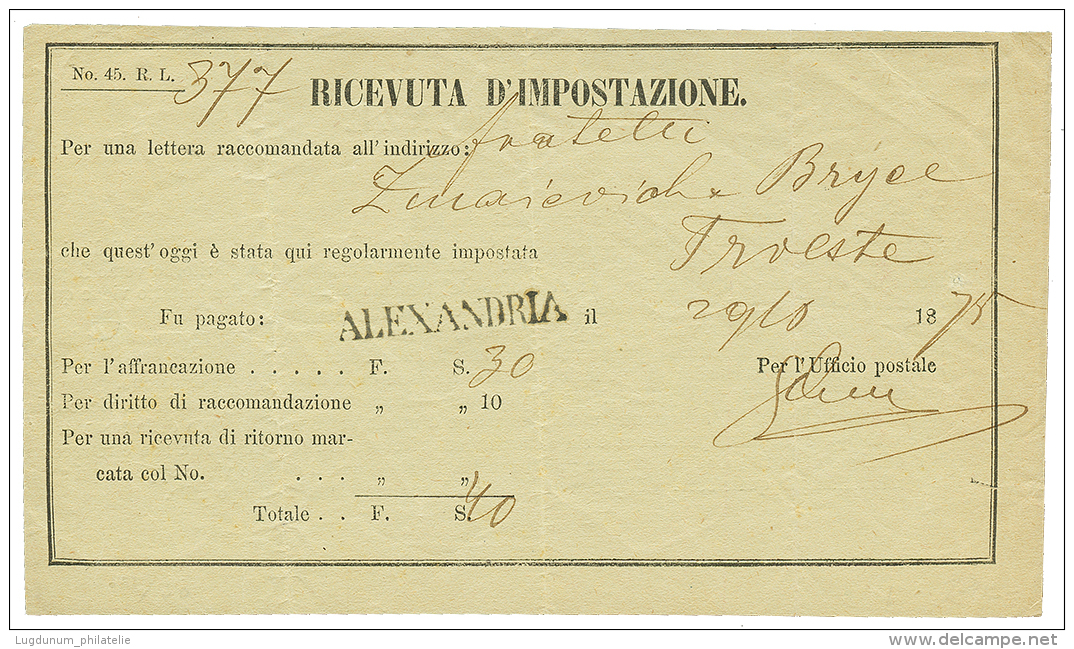 1875 Very Rare Cachet ALEXANDRIA On Receipt Of REGISTERED Letter. Superb. - Otros & Sin Clasificación