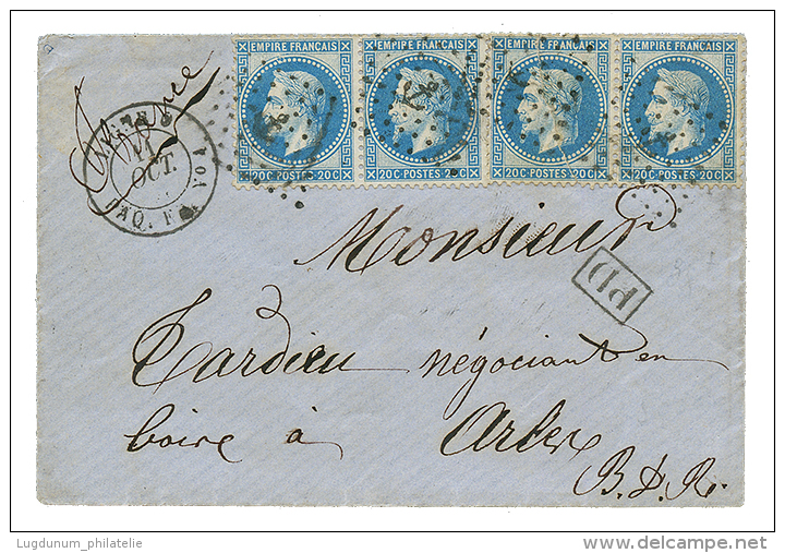 "LIGNE O - ESCALE De PONDICHERY" : 1867 20c(n°29)x4 Obl. ANCRE + LIGNE O PAQ FR N°1 Sur Enveloppe Pour La FRANCE - Autres & Non Classés