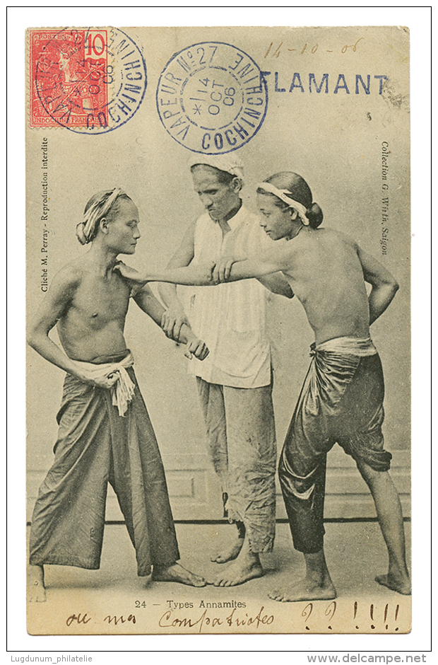 1906 INDOCHINE 10c Obl. VAPEUR N°27 COCHINCHINE + Cachet FLAMANT "14-10-06" Sur Carte Pour PARIS. Verso, SAIGON. Rar - Otros & Sin Clasificación