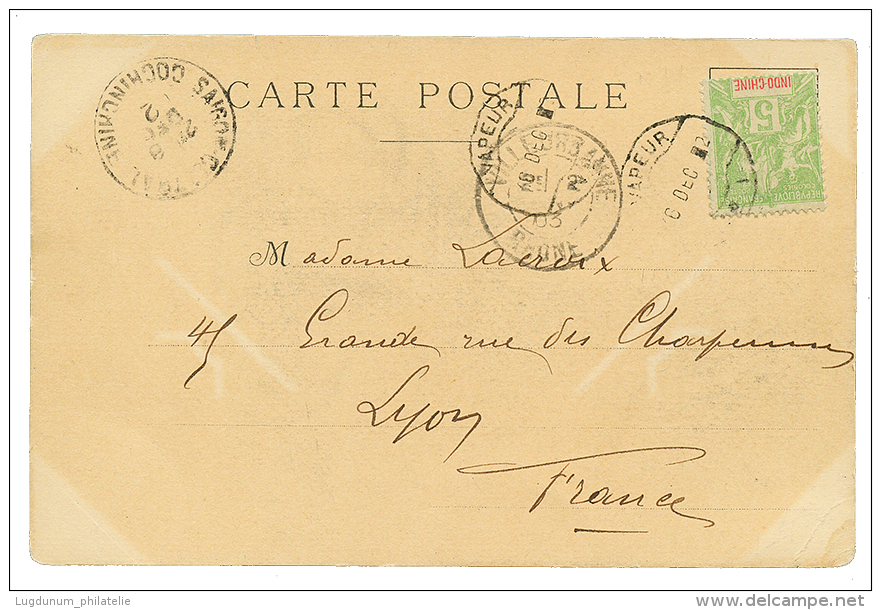 INDOCHINE - POSTE FLUVIALE : 1903 5c Obl. VAPEUR N°1 Sur Carte Pour LYON. Rare. TB. - Autres & Non Classés