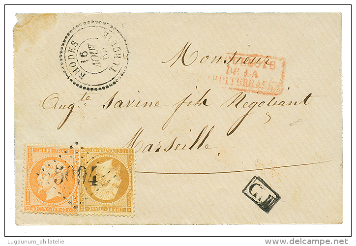 RHODES : 1865 10c + 40c Obl. GC 5094 + RHODES TURQUIE Sur Enveloppe Pour La FRANCE. RARE. Superbe. - Otros & Sin Clasificación