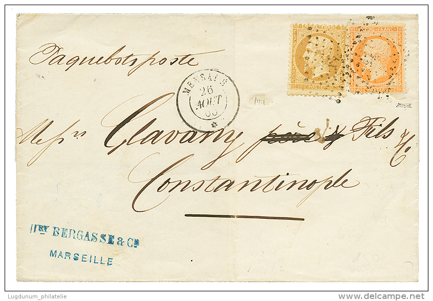 1865 10c(n°21) + 40c(n°23) Pd Obl. ANCRE + Paquebot MENSALE Sur Lettre Pour CONSTANTINOPLE. TB. - Other & Unclassified
