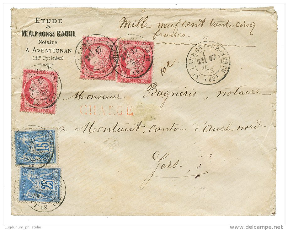 HAUTES PYRENEES : 1878 80c CERES(x3) + 15c SAGE(x2) Obl. ST LAURENT-DE-NESTE Sur Enveloppe CHARGEE (VD=1935F). TTB. - Altri & Non Classificati