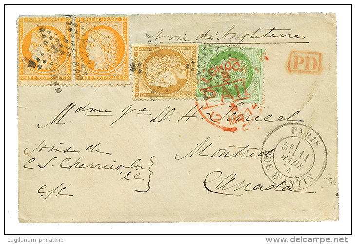 "Tricolore Pour Le CANADA" : 1874 CERES 5c + 15c + 40c(x2) Sur Enveloppe De PARIS Pour MONTREAL(CANADA). TTB. - Otros & Sin Clasificación